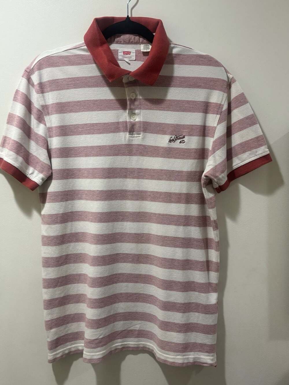 Levi’s Men’s Red Cream Striped Piqué Polo Shirt Logo Size Medium